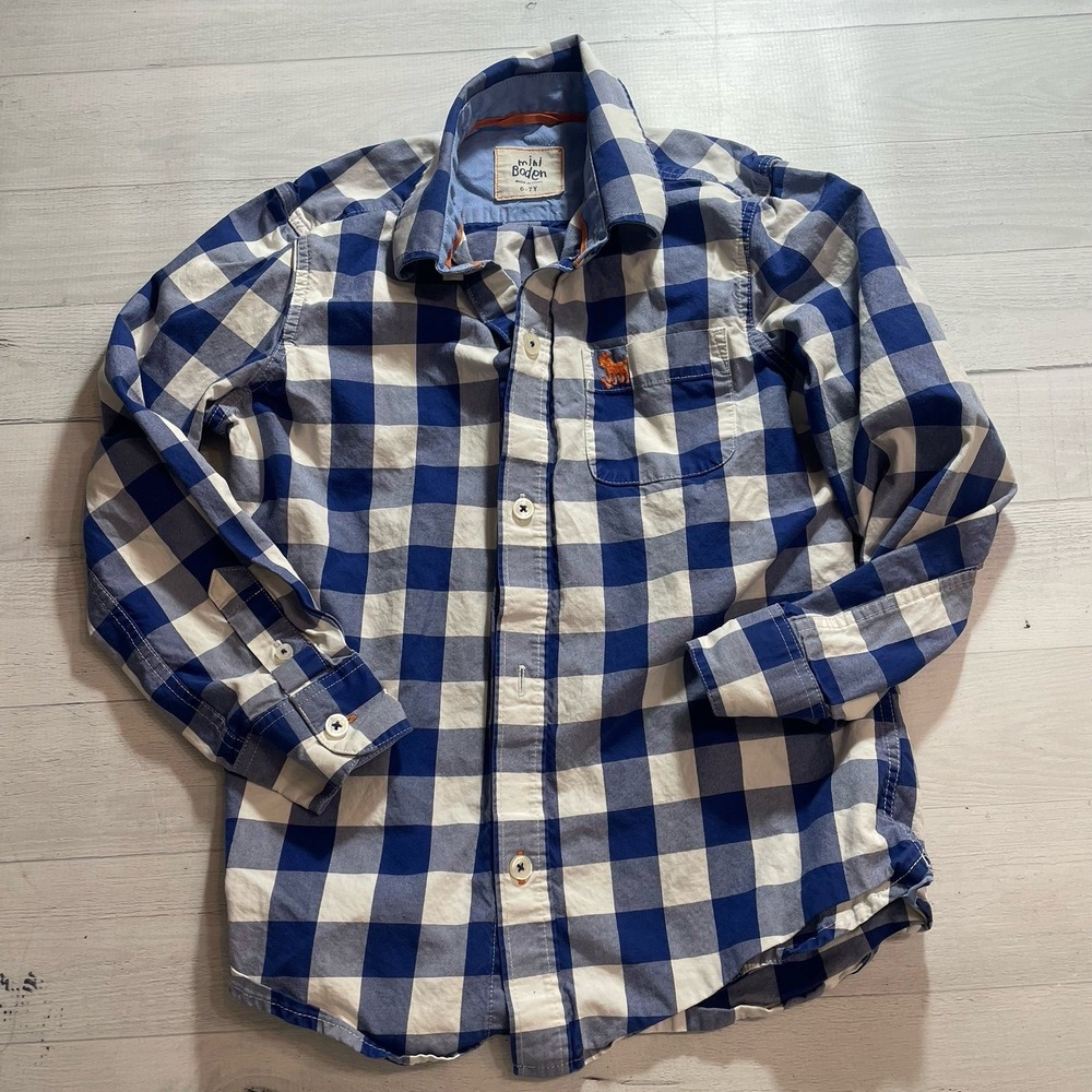 Mini boden blue white checkered button down shirt 6/7